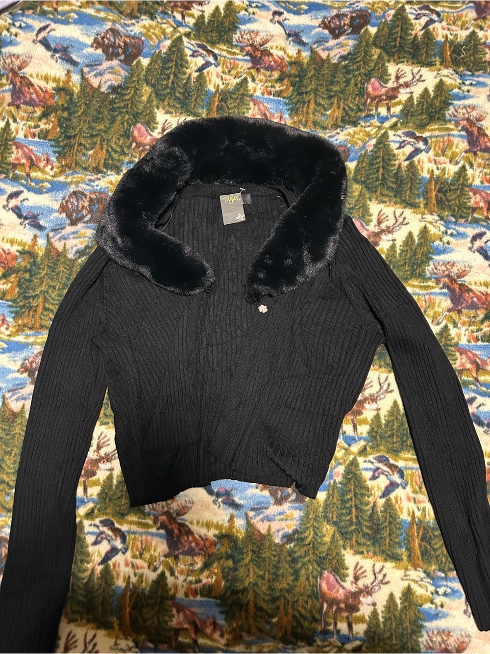 Fur Collar Black Cardigan